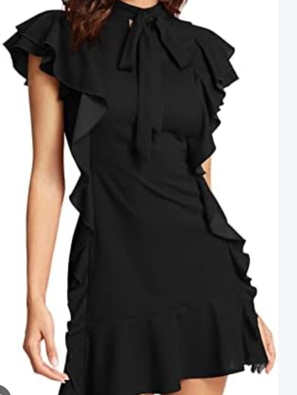 Women's Black Ruffle Tie-Neck Dress
